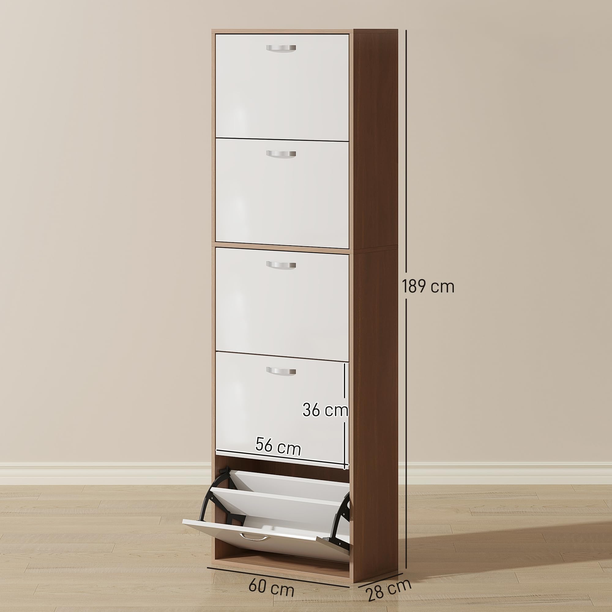 HOMCOM Scarpiera Slim Salvaspazio a 5 Livelli per 30 Paia max con 2 Ripiani per Livello, Mobile Portascarpe in MDF, 60x28x189 cm, Bianco e Marrone