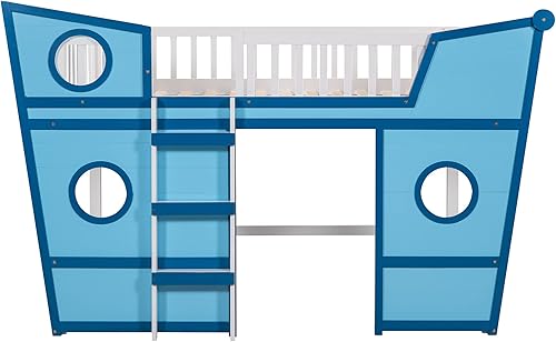 Miniatura 4 de OYN Marco de cama tipo loft en forma de barco de tamaño individual con escalera y ventanas redondas marco de cama de madera maciza con espacio de