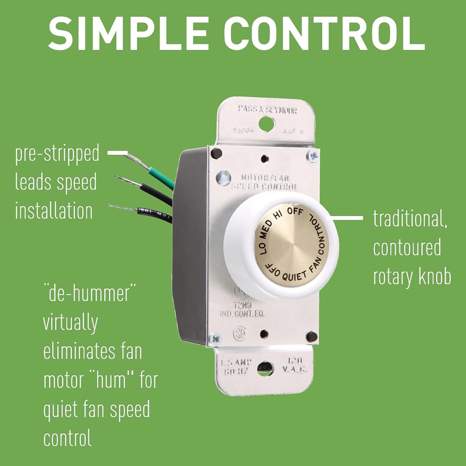 Legrand Pass & Seymour 1.5A 4-Speed Rotary Ceiling Fan Switch, Single Pole Light Switch with De-Hummer, 94004W, White, 1 Count