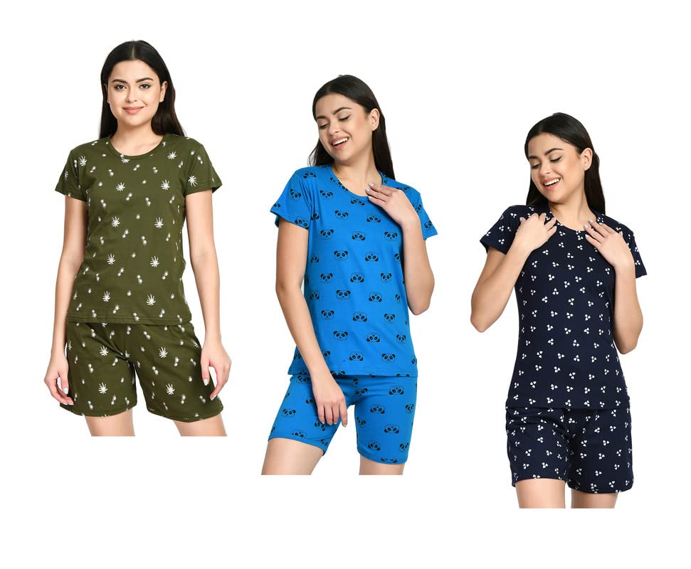 Image of IndiWeaves Cotton Printed Tops and Shorts Set Night Suit for Women (Pack of 3) Green::Blue::Dark Blue