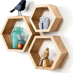 Nicho Hexagonal Decorativo em Madeira Pinus Natural, 25cm, Design Moderno, Montagem em Parede, para Sala com Prego