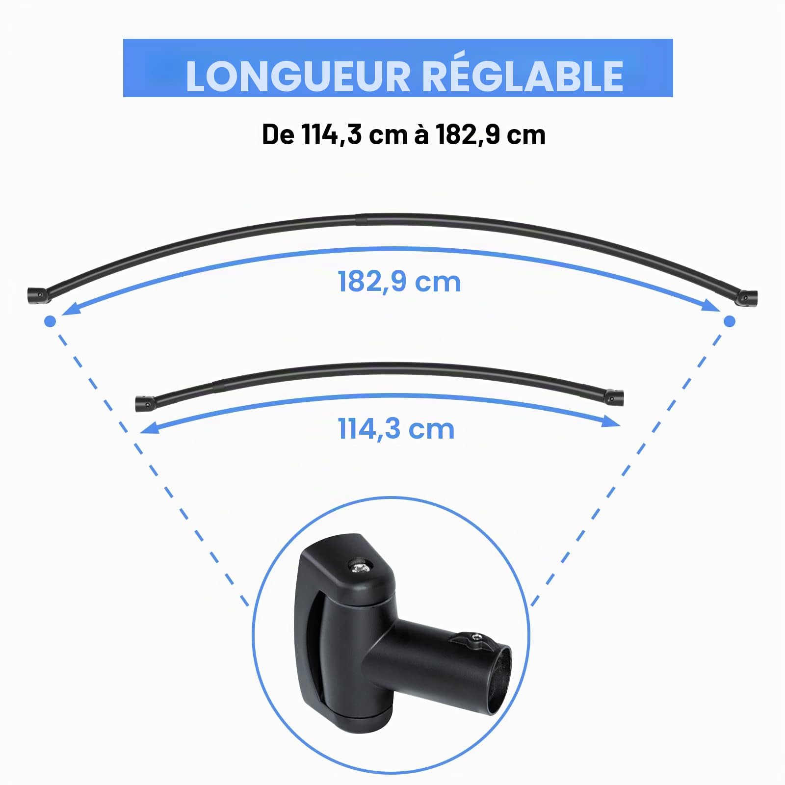 Tringle à rideau de douche incurvée de 114 à 190 cm, en acier inoxydable de qualité supérieure, ne rouille pas, réglable, pour salle de bain, noir, à percer