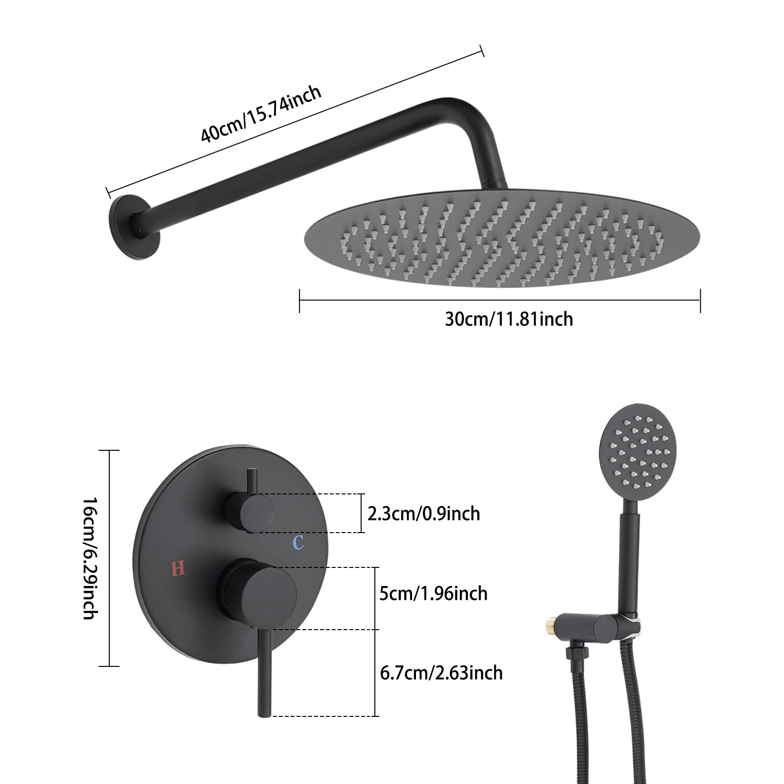 Sistema doccia, rubinetto doccia, doccia a pioggia, 30 cm, nero, montaggio | Doccia a pioggia da 30 cm, braccio doccia da 40 cm, doccetta, tubo, montaggio a parete, ottone/acciaio inox, nero