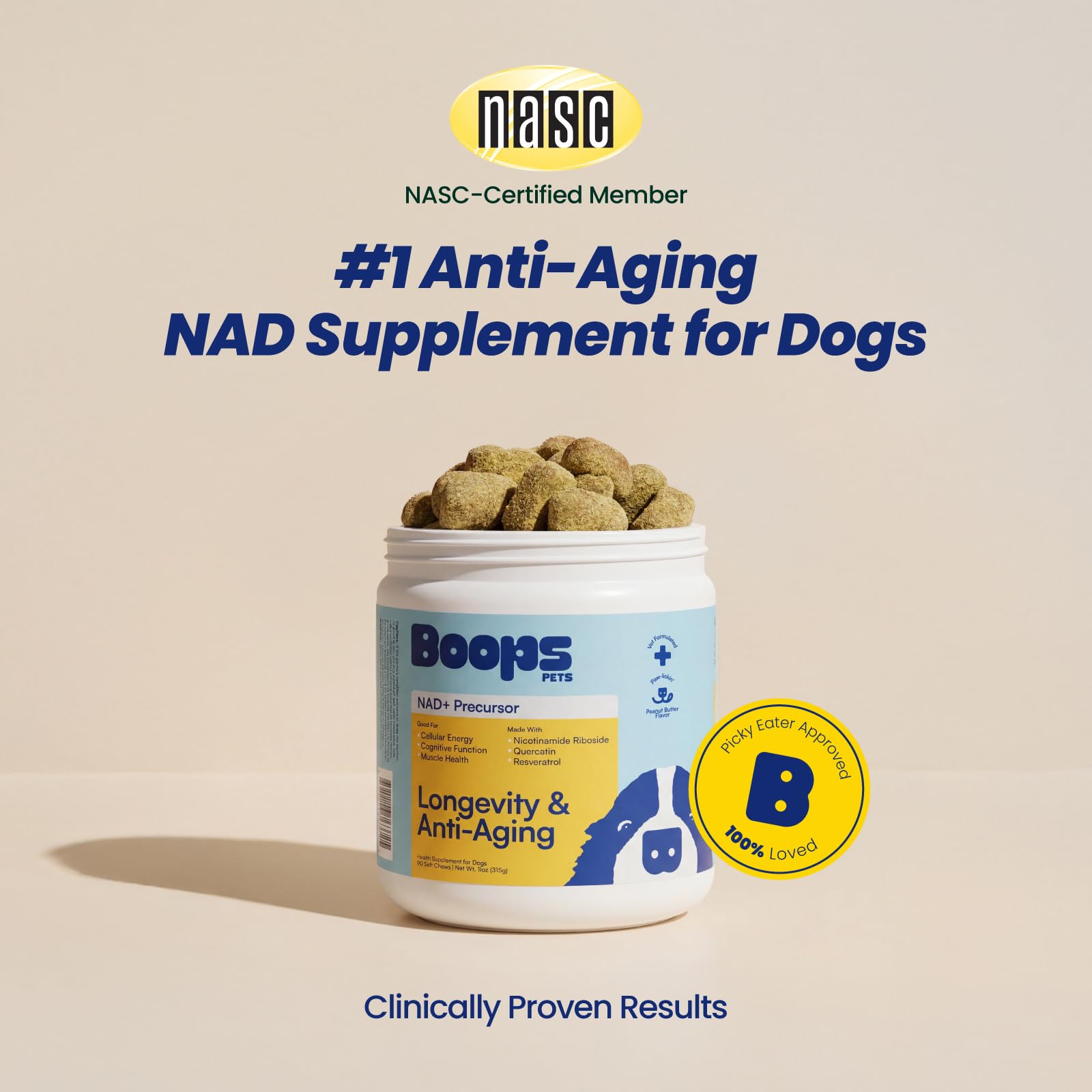 Boops Pets Precursor NAD+ y suplemento para perros mayores - 90 tabletas masticables suaves con vitaminas - Alternativa Nmn para Longevidad, antienvejecimiento y energía - Riboside Di