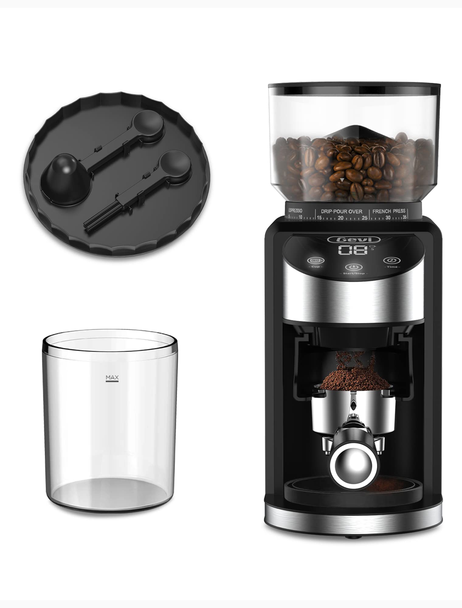 (broken )gevi burr coffee grinder, adjustable burr mill with 35 precise grind settings, electric coffee grinder for espresso/drip/percolator/french press/ american/ turkish coffee makers, 120v/200w, black