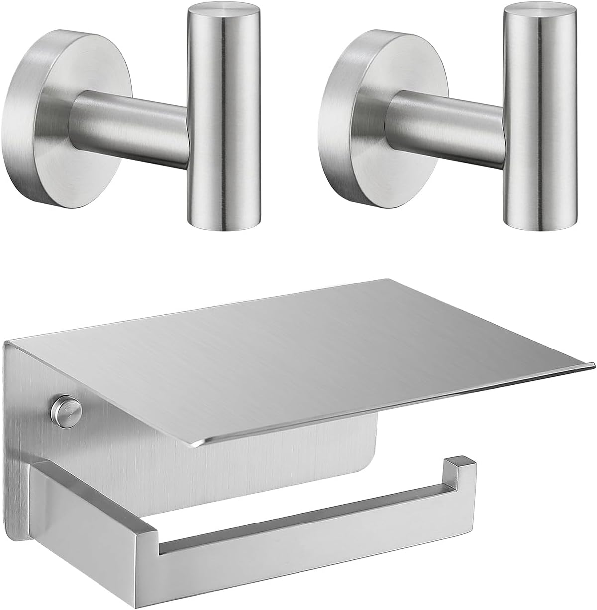 Angle Simple Robe Hook 2 Pack Bundle with Toilet Paper Holder with Shelf (Brushed Nickel)