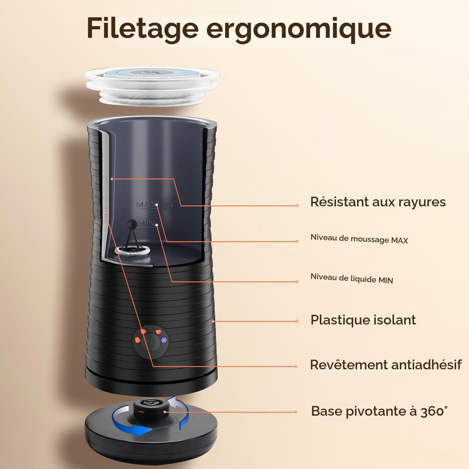 Mousseur à lait Électrique Automatique, Morpilot Cappuccinatore, Mousseur Lait 4 en 1, Libre Choix de l'Épaisseur de la Mousse, Silencieux et Revêtement Antiadhésif- Noir