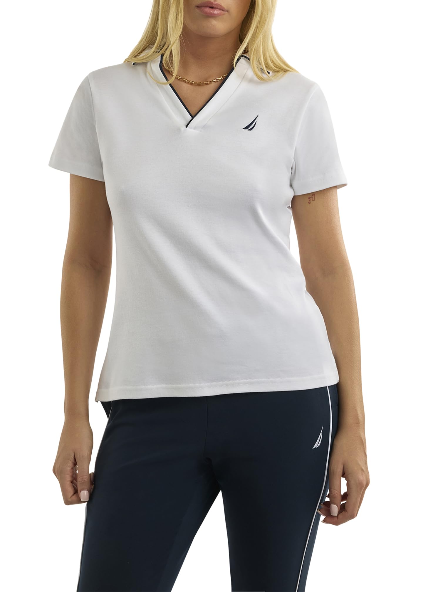 Nautica Women's White Adalynn Polo Shirt, Short Sleeve, 14