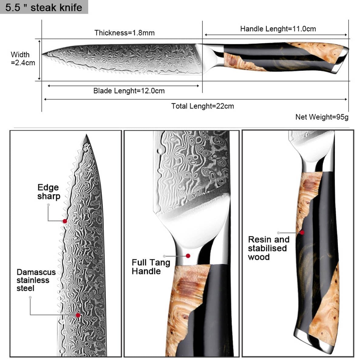 Damascus Steak Knives Set of 12 Steak Knife Set with Resin Wood Handle,Sharp Serrated Stainless Steel Steak Knives, Full Tang Professional Knives for Steak,Ideal for Home Restaurant Party