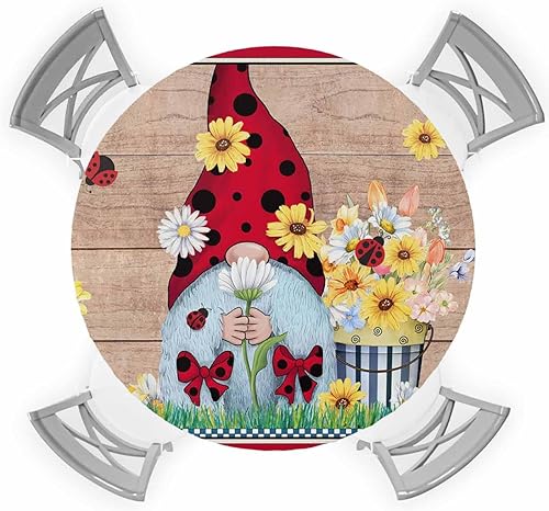 Mantel redondo de gnomos de verano con mariquita, mantel ajustable con elástico para mesas redondas de 36 a 44 pulgadas, mantel de madera vintage