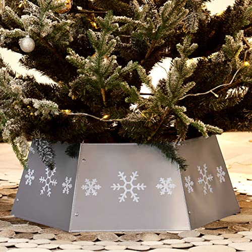 Harcohome Galvanized Metal Christmas Tree Collar With 3D Snowflake Authentic Easy Set Up Tree Ring For Shorter Trees Or Pencil Trees Rustic Christmas Tree Skirt Decorations (Silver With White Flakes) #TOP26