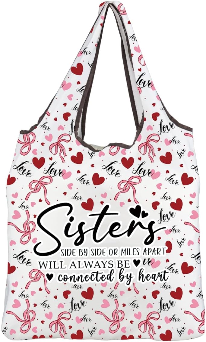 Best Sister Gift Lover Heart Reusable Shopping Bag Friendship Gift for Women Moving Away Gifts for Sisters Connected by Heart