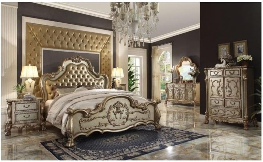 Dresden Eastern King Bed in Bone Synthetic Leather & Gold Patina