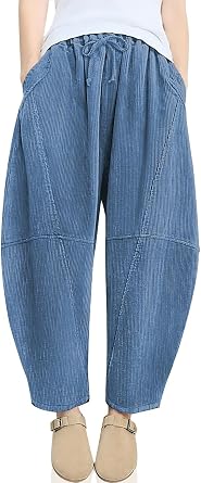 TARSE Womens Corduroy Baggy Harem Pants | Casual Loose Fit Wide Leg Pants, Elastic Waist Baggy Barrel Trousers, Side Pockets, Lounge Soft warm