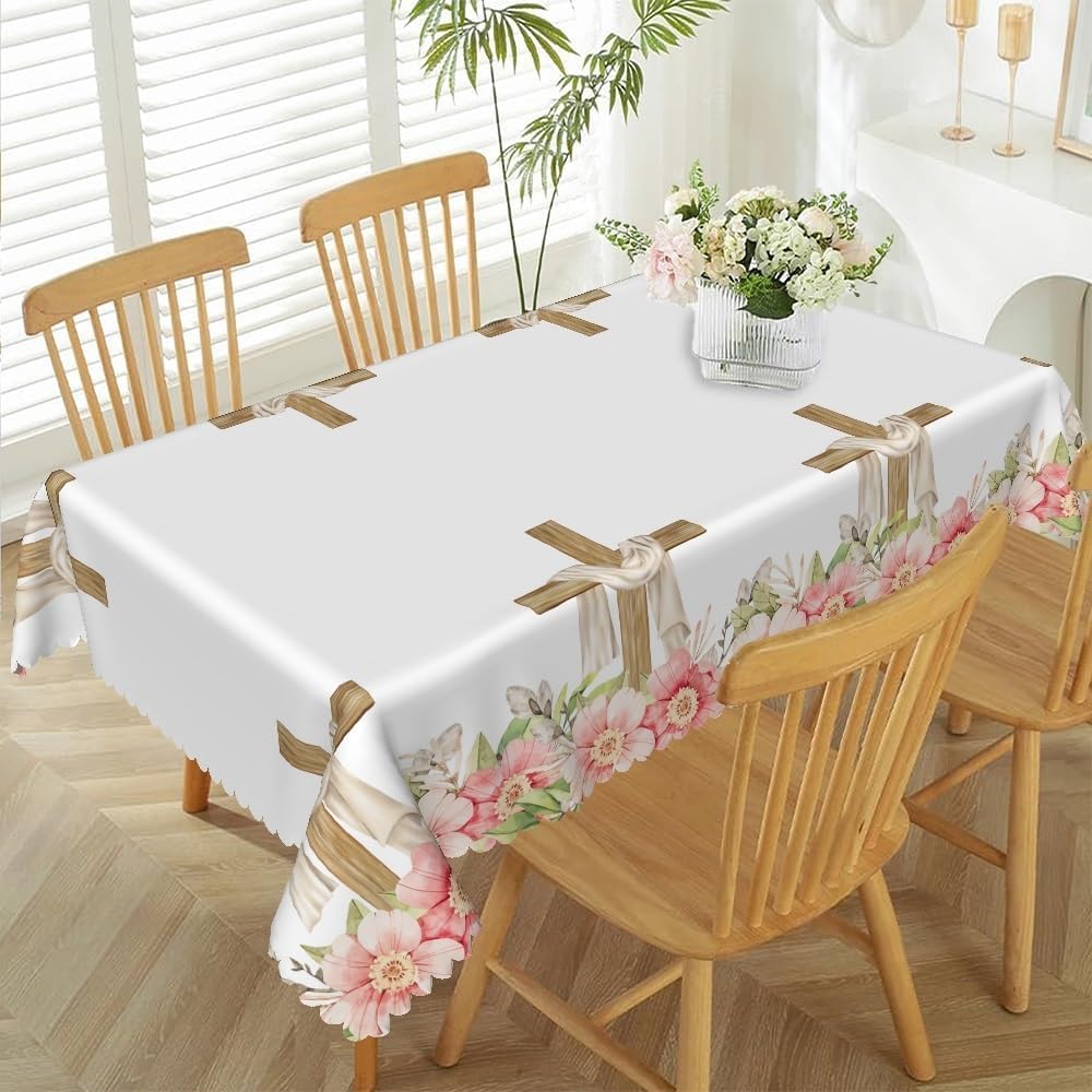 60x108inches He is Risen Tablecloth Easter Christian Cross Pink Floral Bordered Table Cover Spill Proof and Oil Proof Fabric Table Cloth for Home Kitchen Dining Room Spring Holiday Decoration