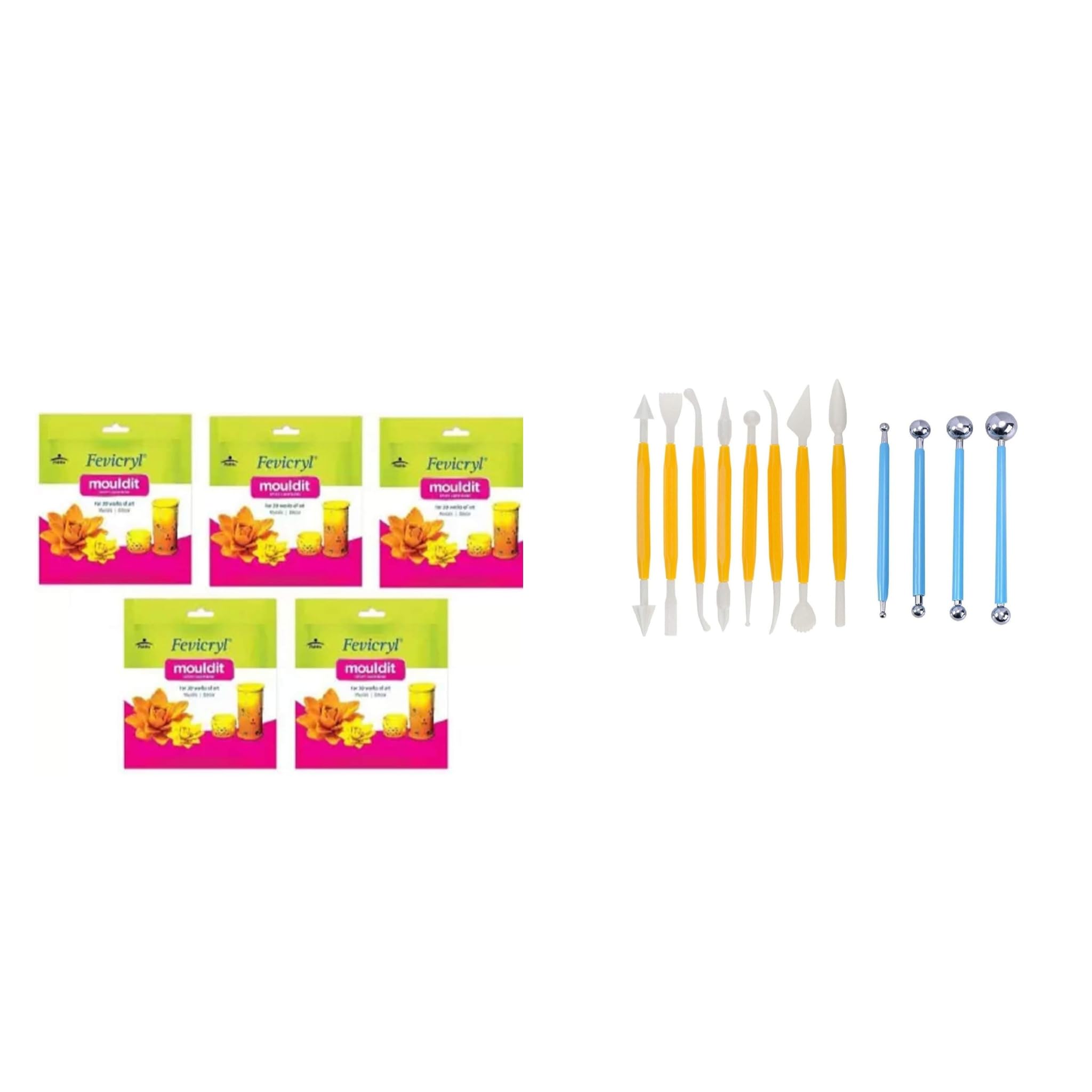 E - Buddies Fevicryl Shilpkar Mouldit Epoxy Compound Clay (5 Pkts of 50gm) + Clay Tools/Clay Sculpting Tools/Clay Modelling Tools (Set of 8 Double Ended Tools+4pc Ball tools) for DIY Art and Craft