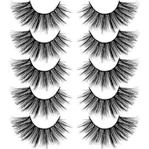 Alicrown False Eyelashes 3D Cat Eye Faux Mink Lashes Strip 5 Pairs Wispy Natural Lashes Pack Colorful Box