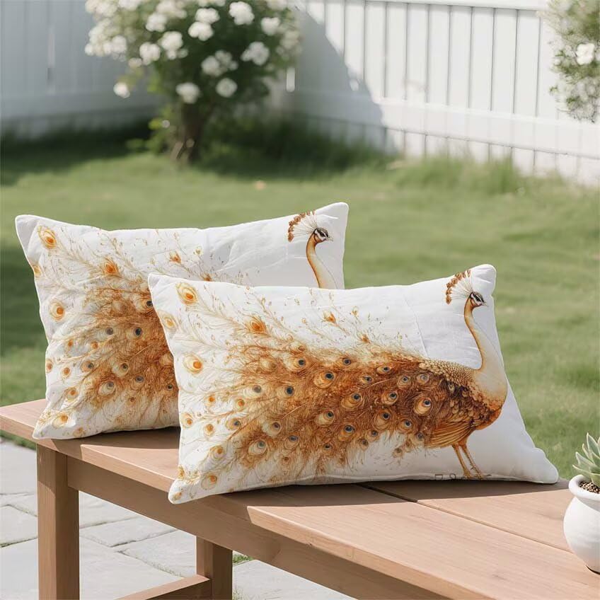 Housse coussin exterieur paon 50x70 rectangulaire lin impermeable decor