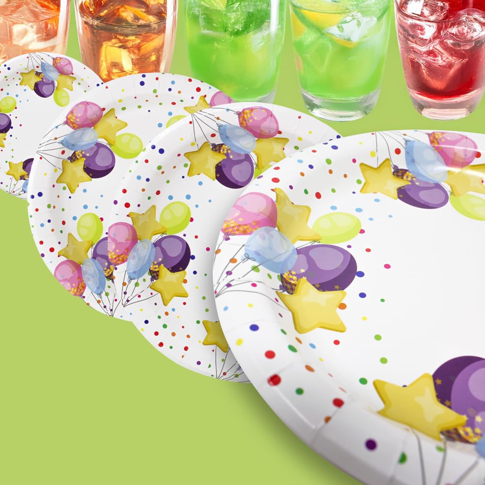 Aromhuset Pappteller 23 cm – 200 Stück – Buntes Ballonmotiv – 14g Stabil – 18 mm Tiefer Rand – Auslaufsicher – Umweltfreundliche Einwegteller für Hochzeiten, Partys & Catering