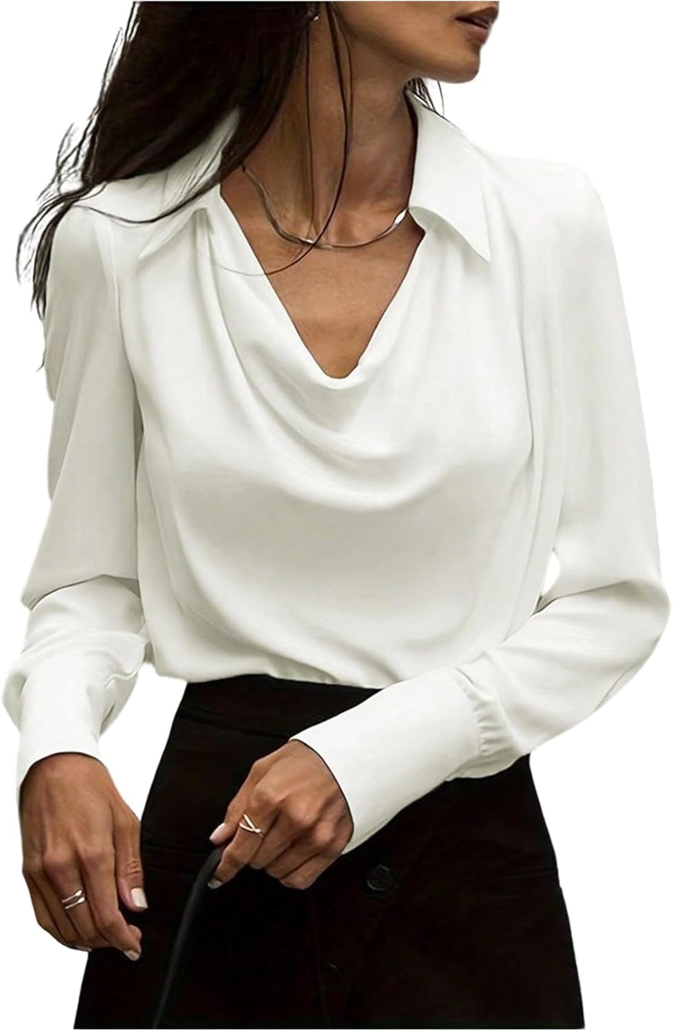 SHENHE Women's Cowl Neck Shirts Slim Fit Casual Outfits Long Sleeve Pullout Blouse White Medium