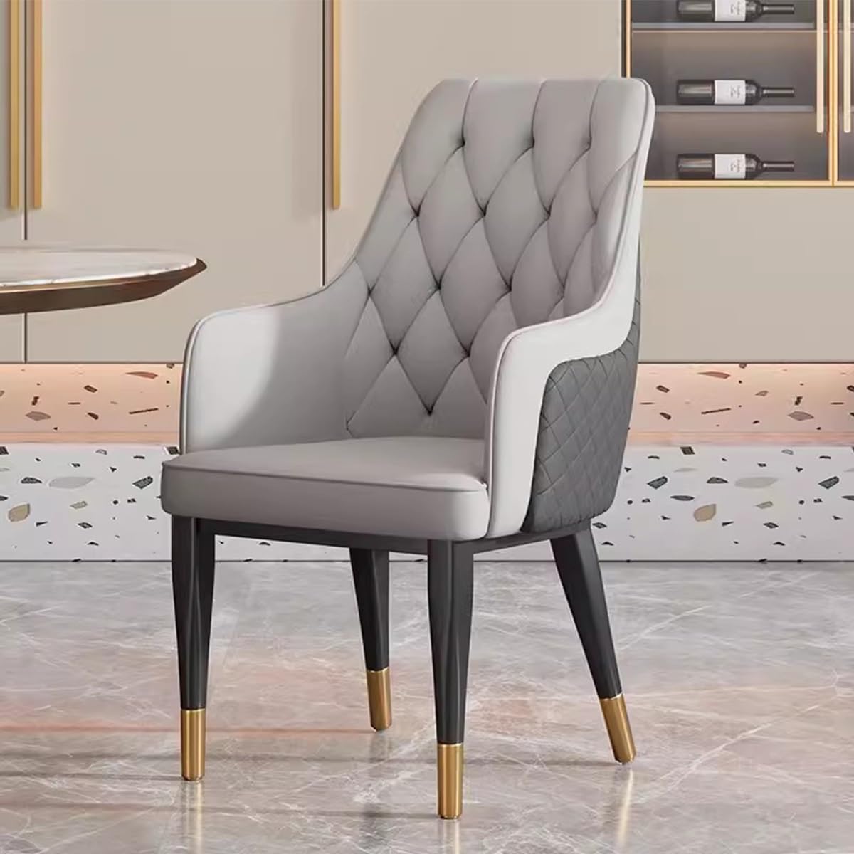 Chaise de salle à manger moderne en cuir PU gris et dossier haut retro avec accoudoirs
