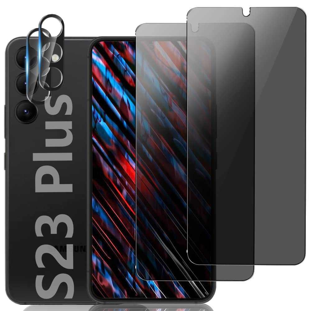 AWH Geviaho [2+2 Pack] Privacy Screen Protector and Camera Lens Protector for Samsung Galaxy S23 Plus Tempered Glass Saver, Full Coverage, 9H Hardness HD Anti-spy, Fingerprint unlock, Compatible