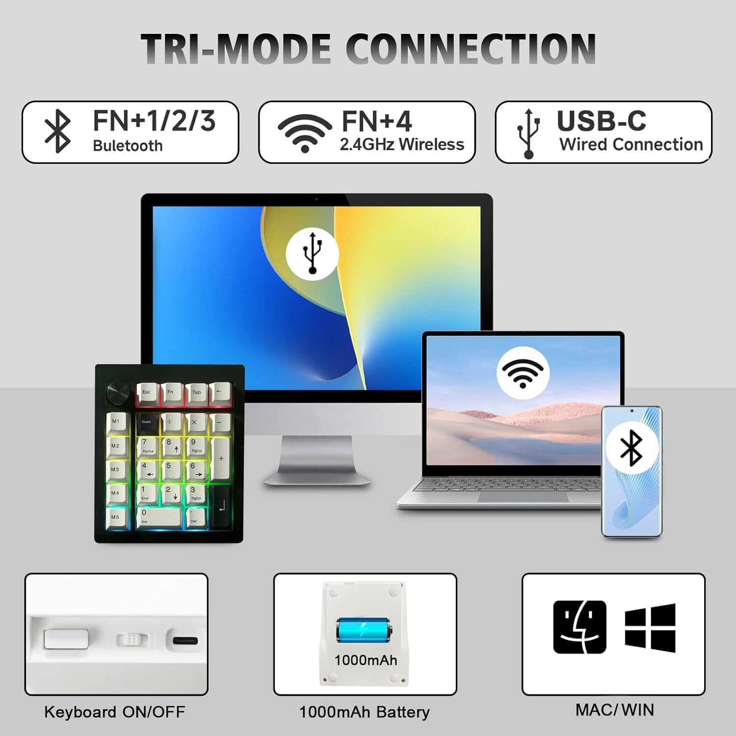 BOYI GMK26 Mechanical Numpad,QMK/VIA Programmable BT5.0/2.4GHz/Type-C Hot Swappable Gasket RGB Wireless Number Pad Mini Keyboard Rechargeable Numeric Keypad with Knob(Black)