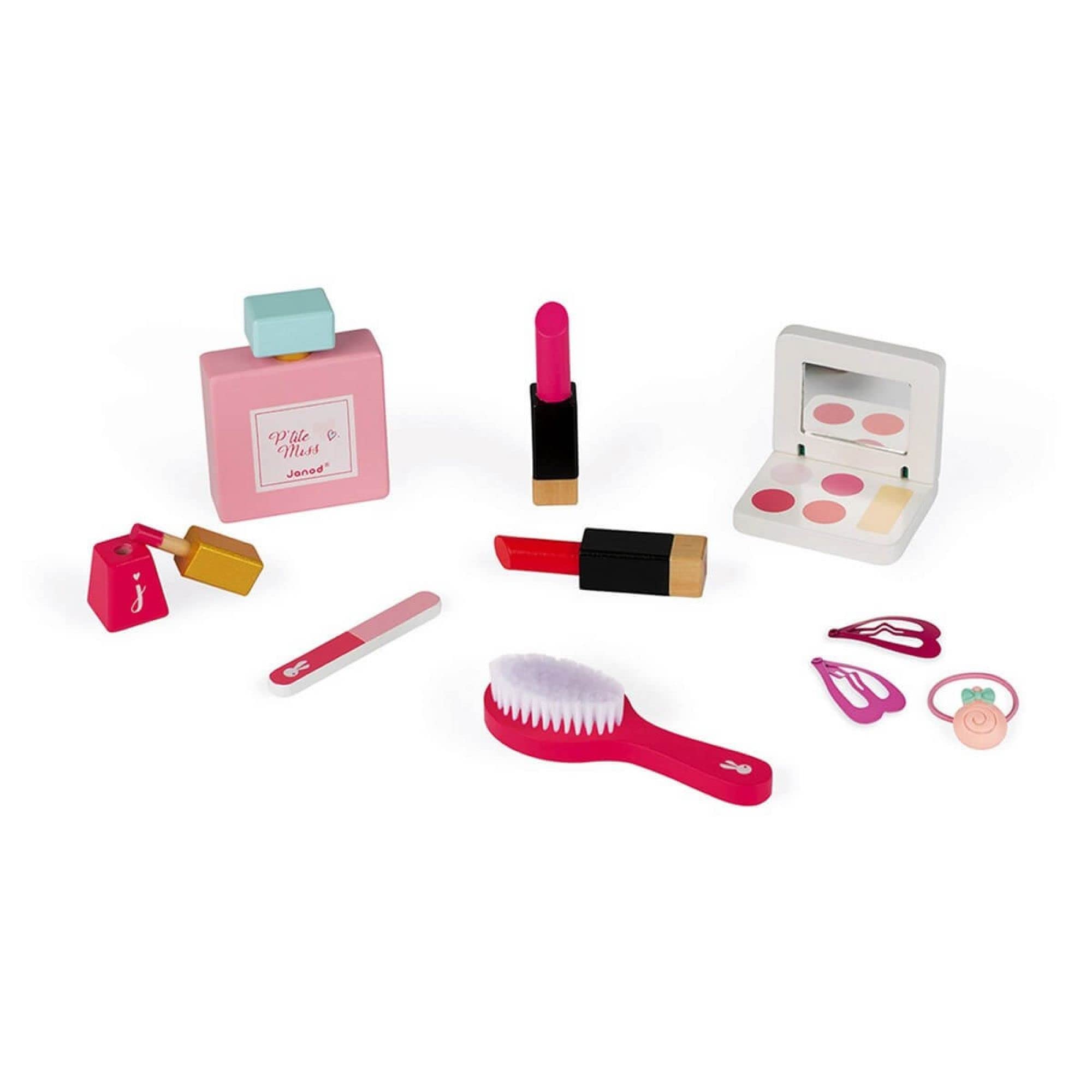 Janod - Toelettatura per Bambini in Legno P'tite Miss - 10 Accessori Inclusi - Imitazione e Sviluppo - A Partire dai 3 Anni, J06553, Rosa e Bianco