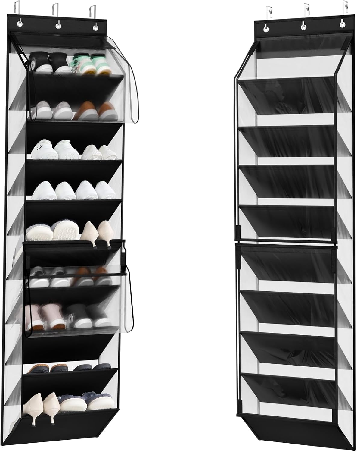 WERNNSAI Over the Door Shoe Organizer with Clear Curtain Dustproof, 9-Shelf Shoe Rack, Deep Pockets Large Hanging Shoes Rack for Closet Door Dorm Bedroom Guest Room Black
