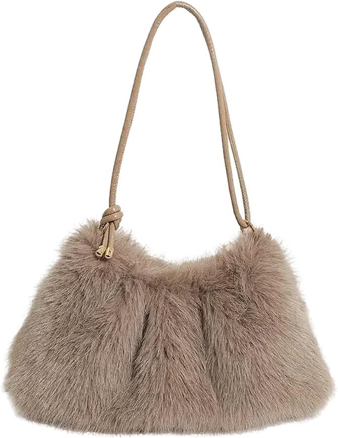 Ulisty Women Small Faux Fox Fur Hobo Bag Furry Underarm Bag Plush Shoulder Bag Fashion Purse Handbag