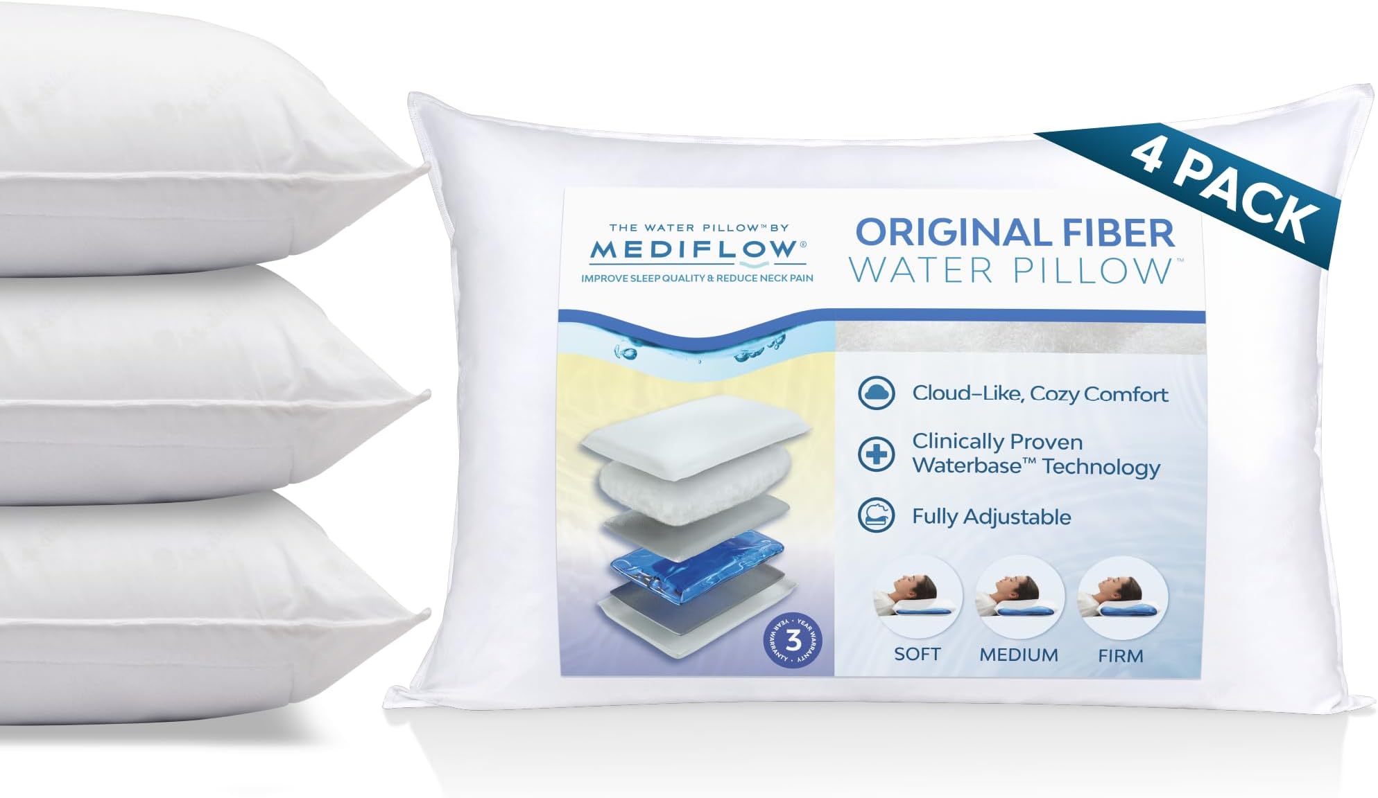 Mediflow ファイバーウォーターピロー - 首の痛みを和らげる調節可能なベッド枕、横向きや仰向け、うつ伏せの方に最適で、快適さとサポートが臨床的に証明されています(枕4個)