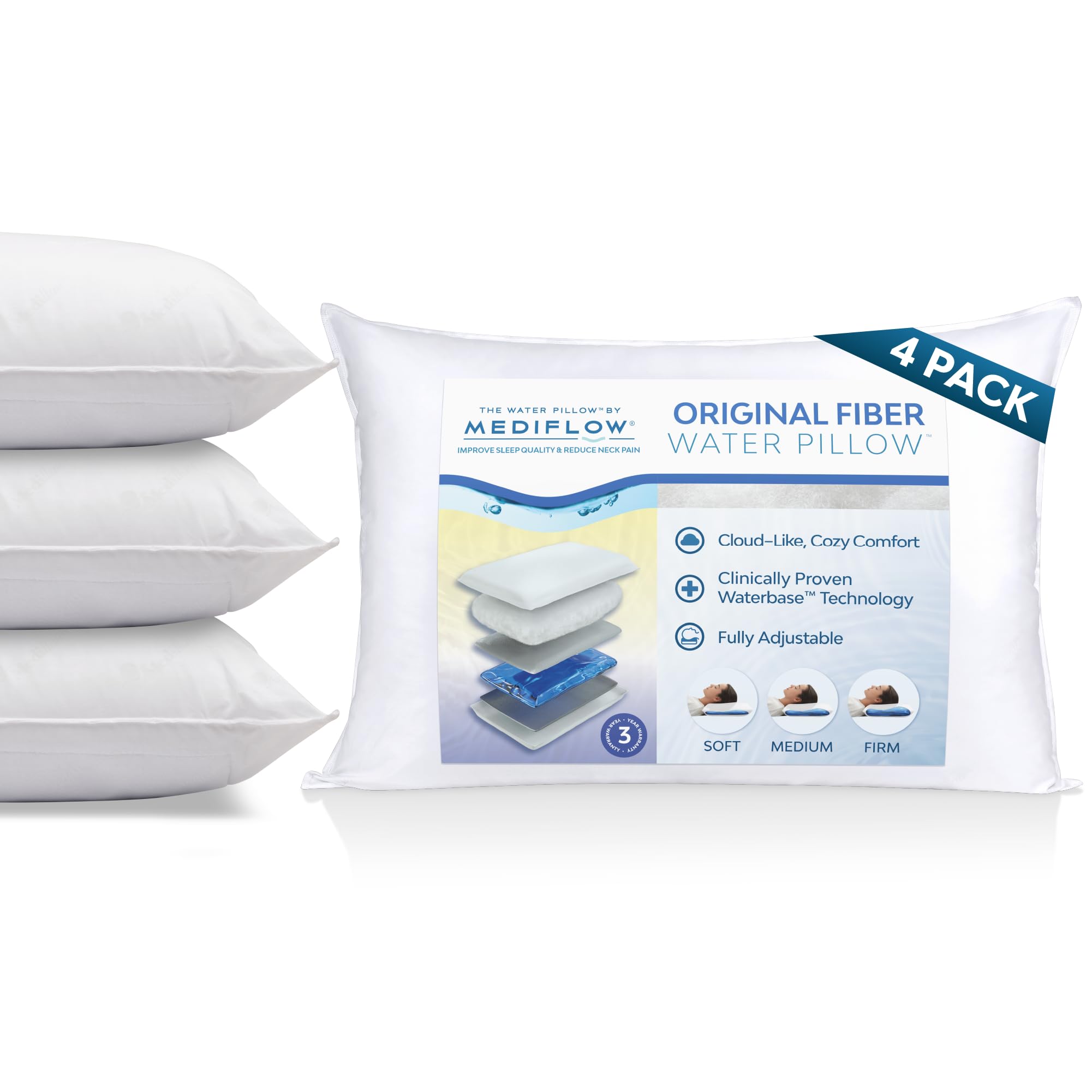 Mediflow ファイバーウォーターピロー - 首の痛みを和らげる調節可能なベッド枕、横向きや仰向け、うつ伏せの方に最適で、快適さとサポートが臨床的に証明されています(枕4個)