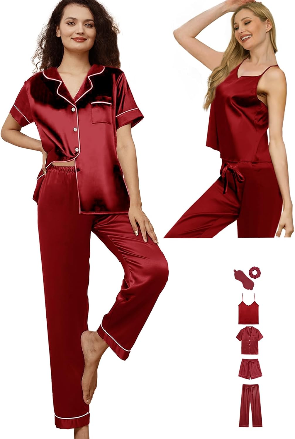 6Pcs Womens Silk Satin Pajama Sets Pj Sets Short Pjs Set Pajamas Sleepwear Camisole Sexy Cami - Image 4