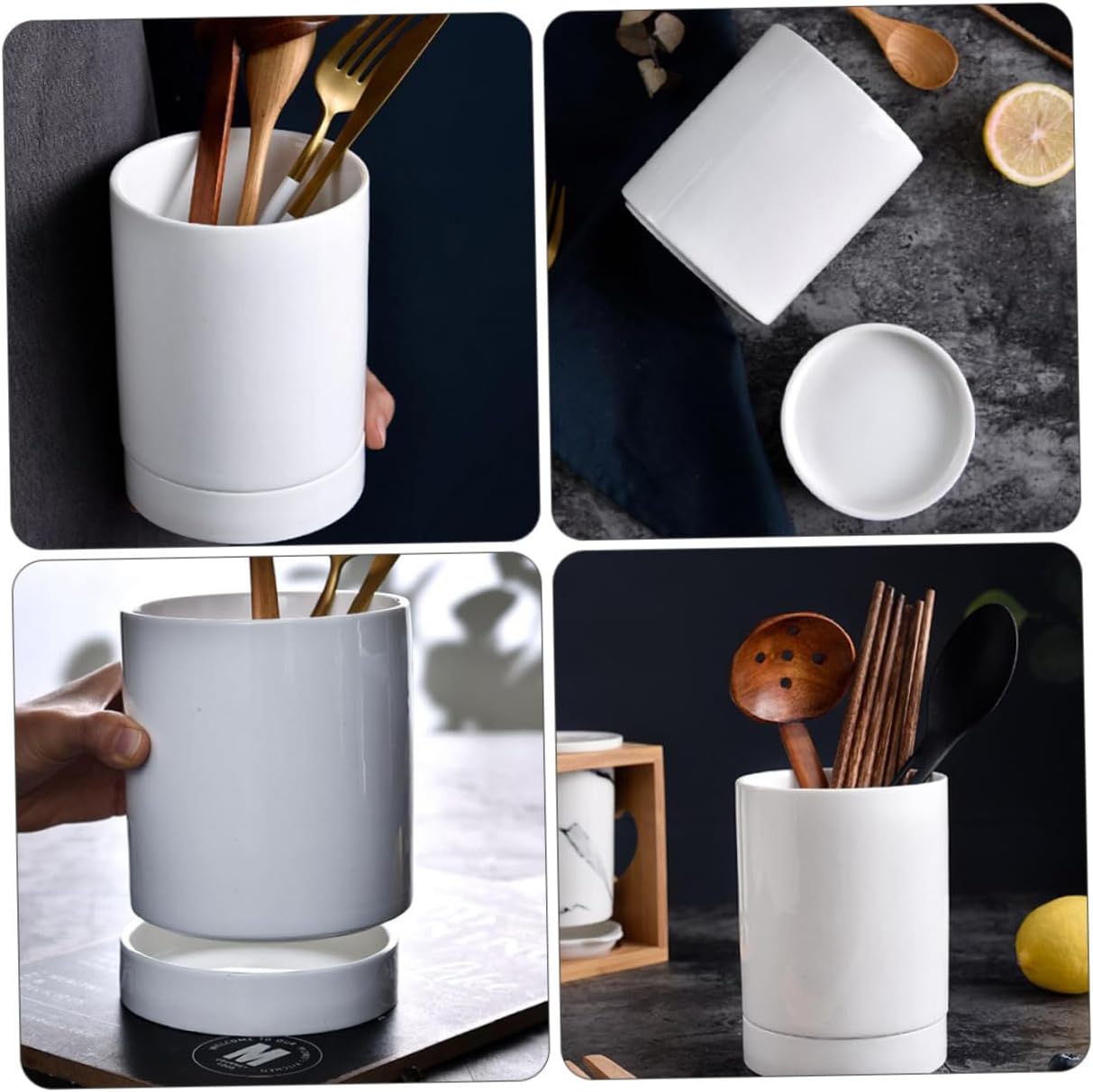 Cabilock 1 PC Ceramic Utensil Holder Kitchen Organizer with Bottom Drain Design Multipurpose Chopstick Storage for Spoons Forks and Spatulas and Restaurant Use