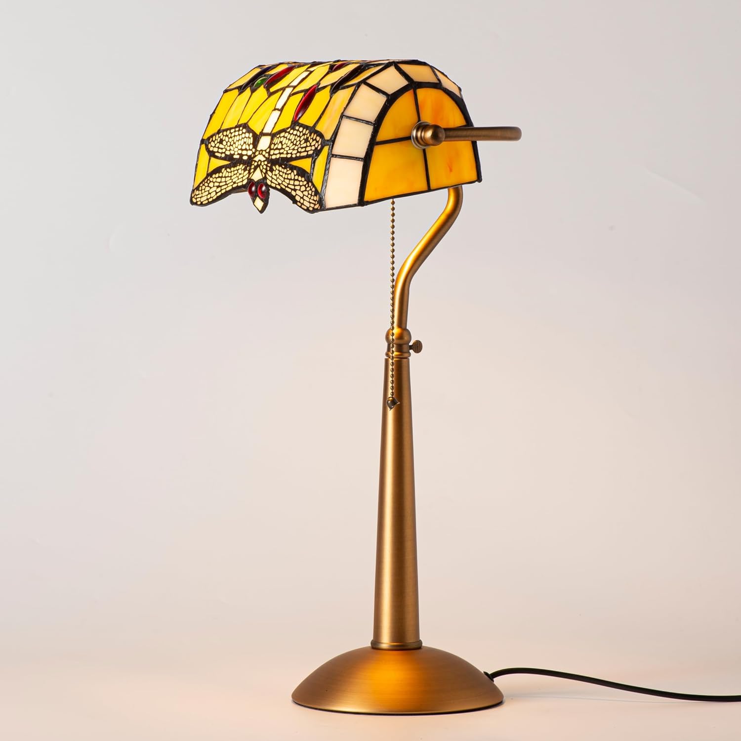 Tiffany Style Dragonfly Bankers Lamp - 18.1" Tall Stained Glass Desk Light with Adjustable Angle & Pull Chain, Vintage Handcrafted Accent Décor for Home Office Bedroom（Yellow）