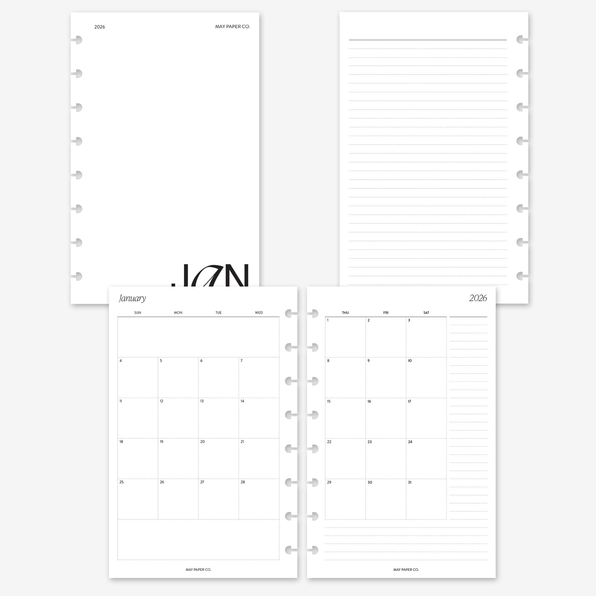 2026 Half Letter Monthly with Notes Planner Refill, Month on Two Page Agenda Refill for 8-Discs Notebook Levenger Circa Junior, Arc by Staples, TUL Junior 5.5 x 8.5 (Separable Months