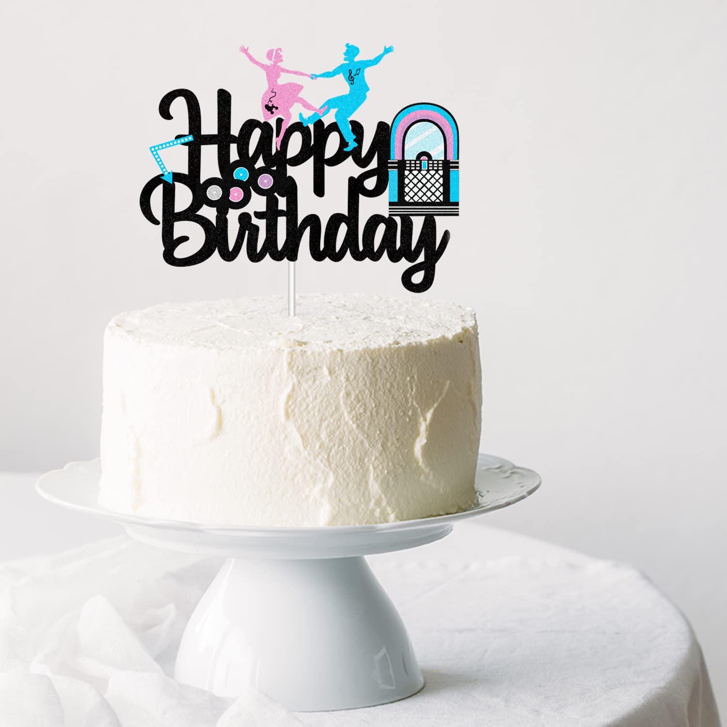 Retro 50er Jahre Happy Birthday Kuchen-Topper – Rock & Roll Musik-Thema, 14x14 Cm, Glitzernd, Verstellbar, Für Motto-Partys & Jubiläen