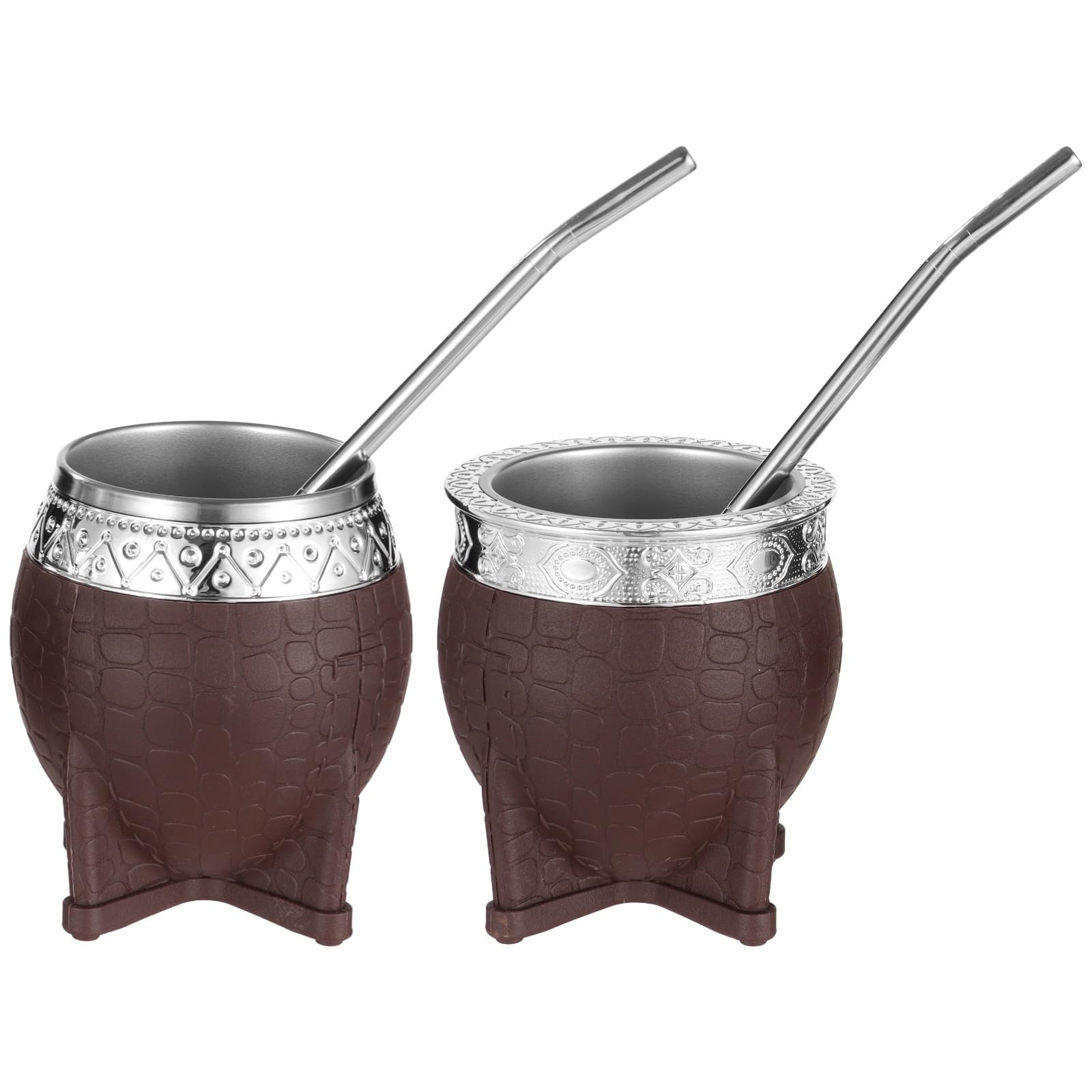 Set di 2 tazze Yerba Mate in acciaio inox, corpo in gomma marrone chiaro, bocca larga e bocca stretta da 180 ml, cannuccia elegante in acciaio inox, dettagli argentati, ideali per bere il tè