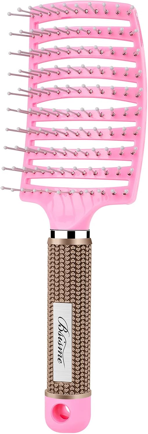 Bsisme Hair Brush, Curved Vented Brush for Faster Blow Drying, Professional Styling Hair Brushes for Women and Men, Paddle Detangling Brush for Wet Dry Curly Thick Straight Hair, Pink