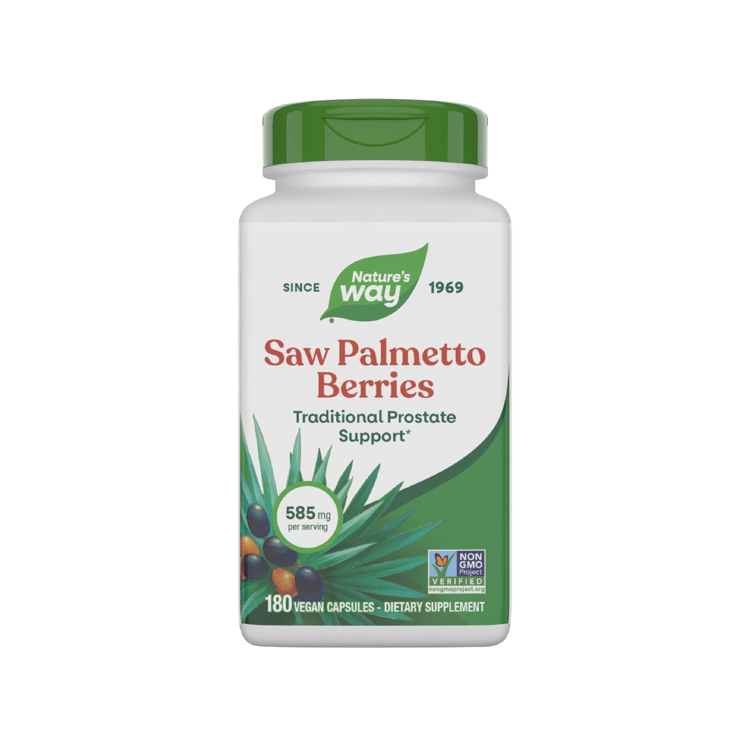 Nature's Way Saw Palmetto Berries, Traditional Prostate Support*, 585 mg per serving, Non-GMO Project Verified, Vegan, 180 Capsules