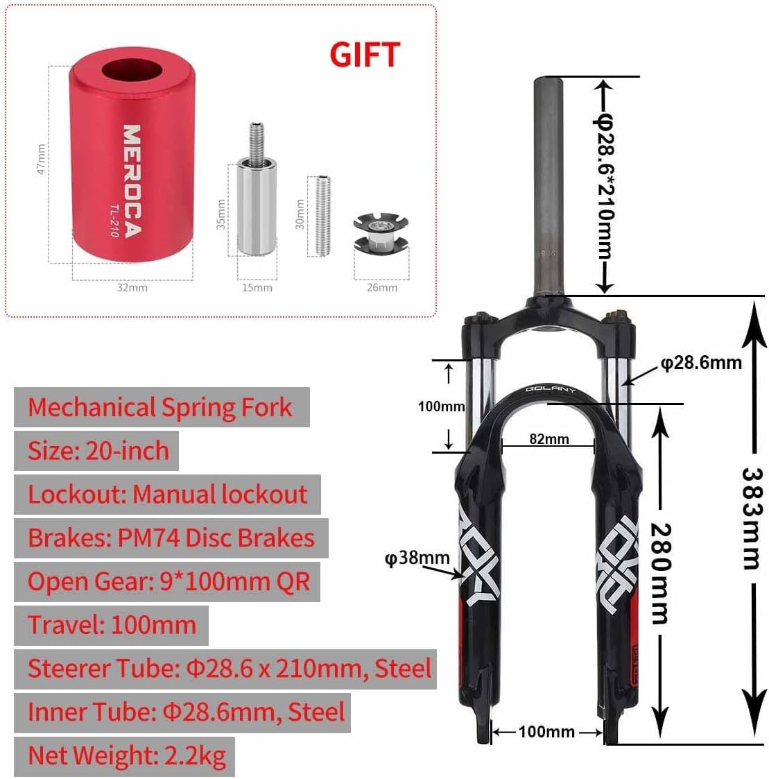20" Bike Suspension Fork Travel 100mm Mountain Bike Spring Fork Disc Brake 1-1/8" Straight Tube Mechanical Front Fork QR 9 * 100mm Manual Lockout