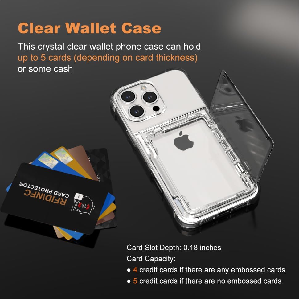 for iPhone 16 Pro Max Clear Wallet Case with RFID Blocking Card, Up to 5 Cards, Hybrid Protective Case with Card Holder, TPU + PC, Anti-Yellowing, 6.9" 2024 - Image 3
