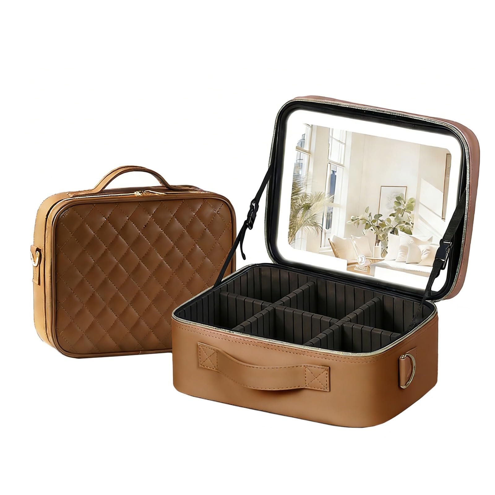 Borsa Per Trucchi Da Viaggio Con Specchio LED, Borsa Per Cosmetici Da Viaggio Con Specchio Illuminato, 3 Impostazioni Di Colore, Divisori Regolabili, Materiale In Pelle PU