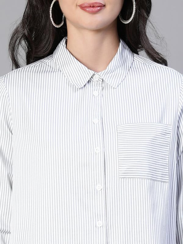 Image of Oxolloxo Women Stripe Print Soild Grey Collared Cotton Shirt