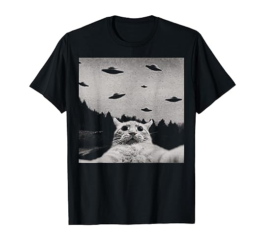 ThreadWeird Alien Cat UFO T-Shirt - Classic Fit, Round Neck, Black, Adult - Youth - Dark Heather Grey