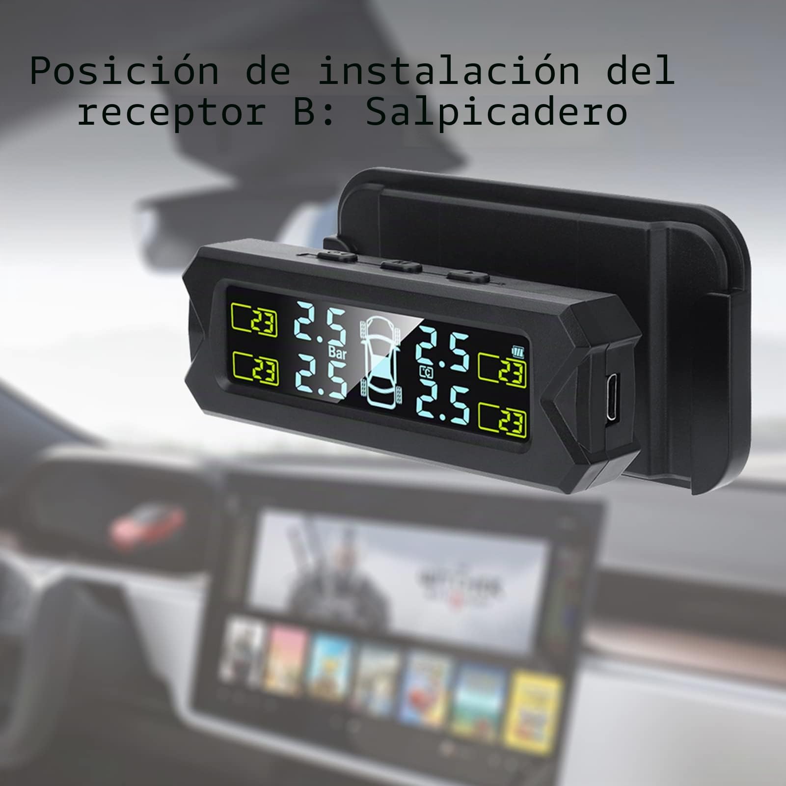 Shkalacar USB/Solar TPMS 0-81 PSI Sistema de Control de Presión de Neumáticos con 4 Sensores, 5 Modos de Alarma, Pantalla LCD con Retroiluminación Automática para Coche Sedán SUV MPV (Interno)