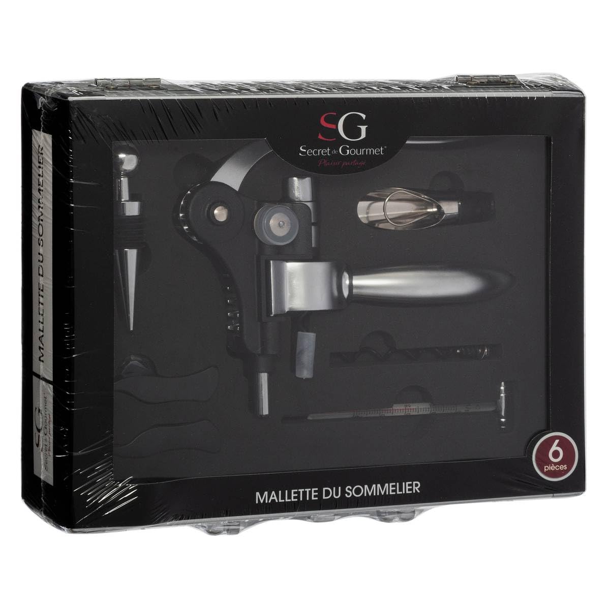 SG Secret de Gourmet Cofanetto da Sommelier Professionale, 6 Pezzi, in Valigia in Alluminio, cavatappi Professionale in Acciaio Inox, termometro per Vino, Tappi, L. 27.50 x l. 21.5 x H. 7 cm