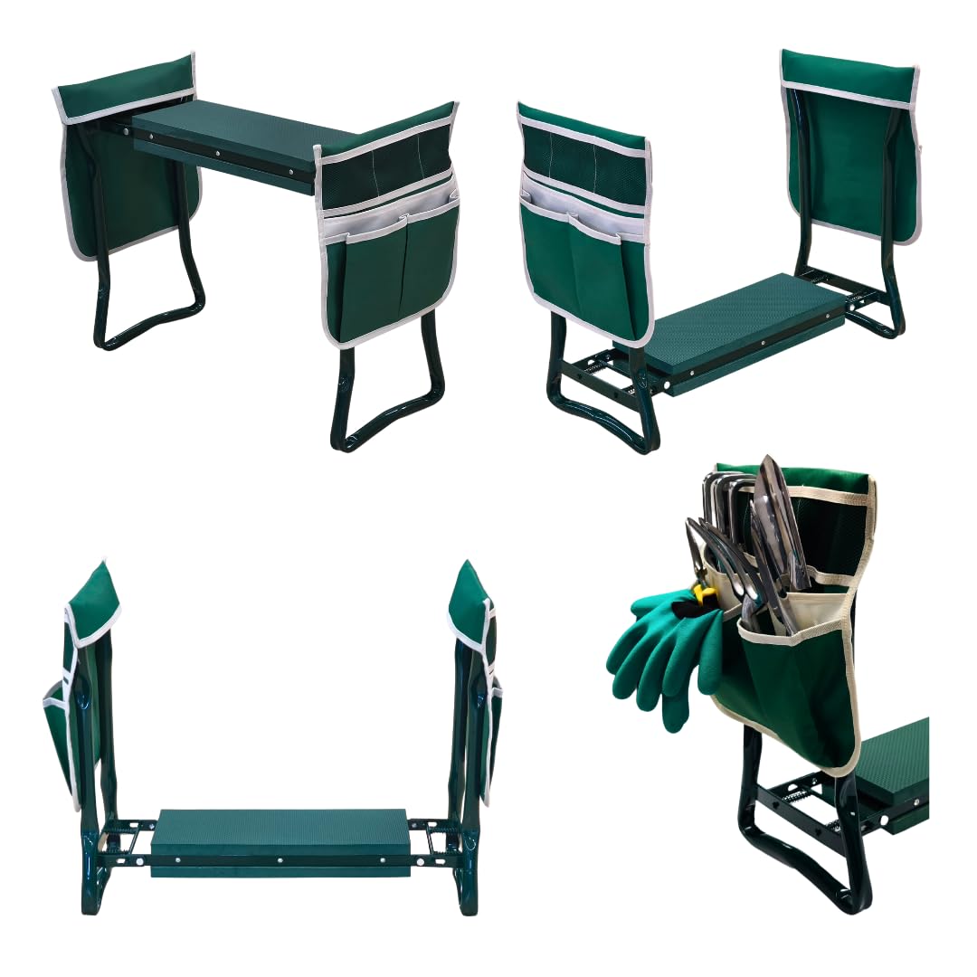 2-in-1 Garten Kniebank für Gartenarbeit, Gartenhocker klappbar mit Eva-Sitzpolster, 2 Werkzeugtaschen, bis 150 kg, weiche Kniebank, Kniekissen für Haushalt, Camping