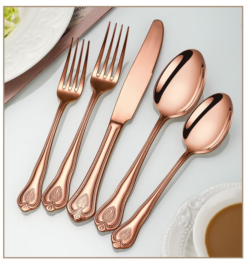 Ensemble de couverts en acier inoxydable, couverts en argenterie, ensemble de couverts, couteau à steak épais, couteau de table, couverts, couteau, fourchette, cuillère (or rose, 20 pièces pour 4 pers