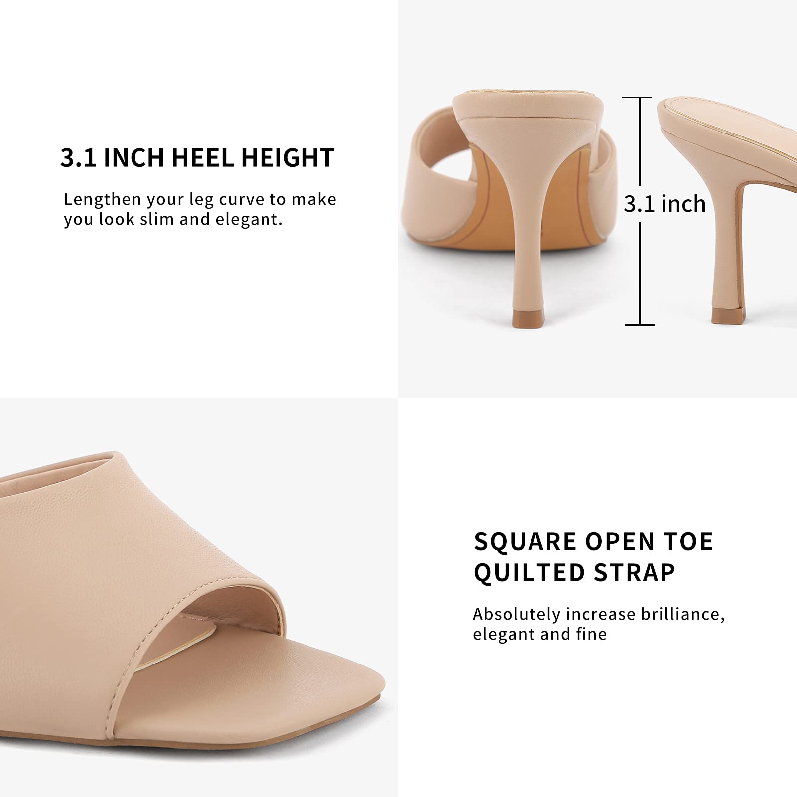 Greatonu Women's Square Toe heels Open Toe Slip-on Sandals Heeled Mules